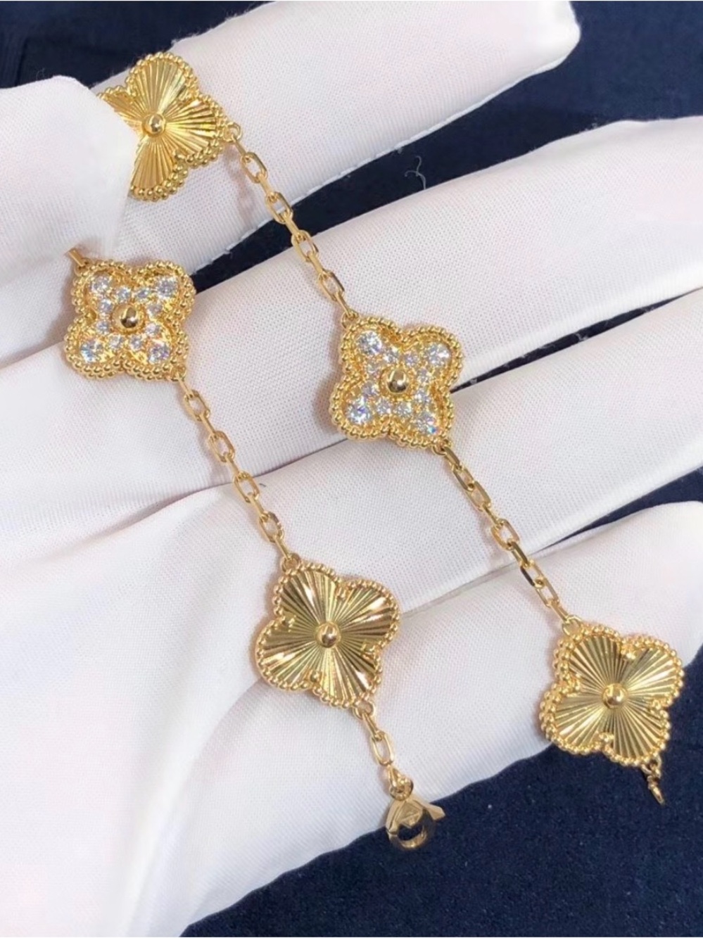 Gold-Tone Floral Clover Link Bracelet with Crystal Accents